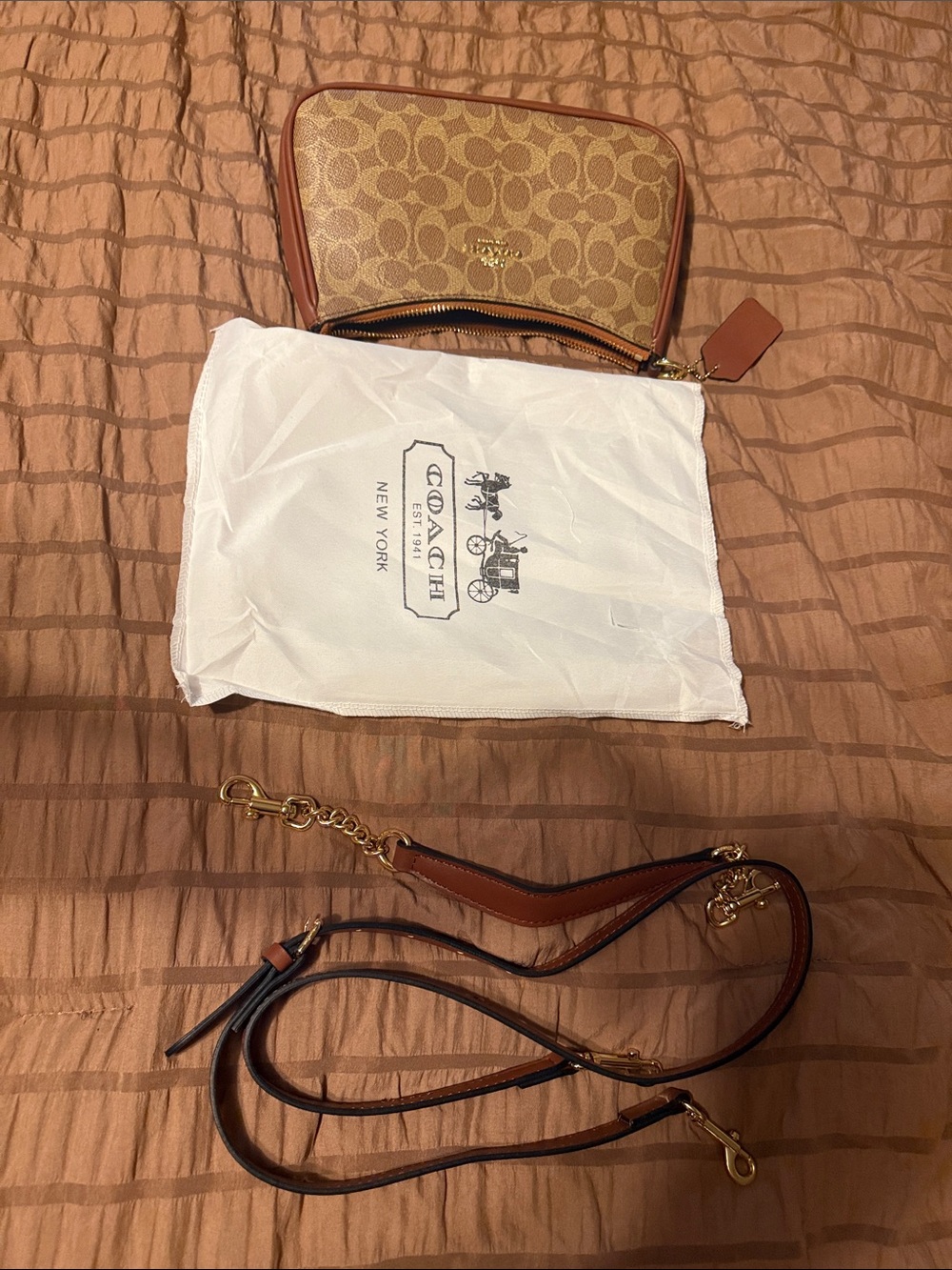 Coach Tan Signature Canvas Crossbody with Brown Leather Trim
